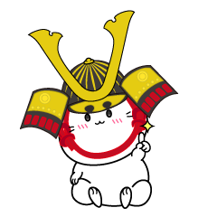 指差しする小ちゃな戦国時代の武士猫